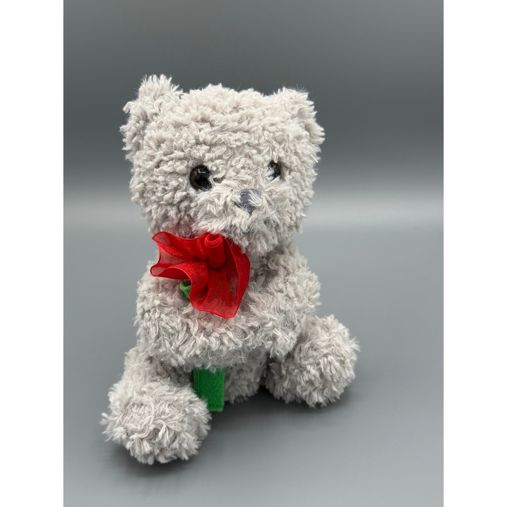 Gray Curly Fur Teddy Bear Holding Red Rose Valentine Romantic Plush Toy 7 Inch
